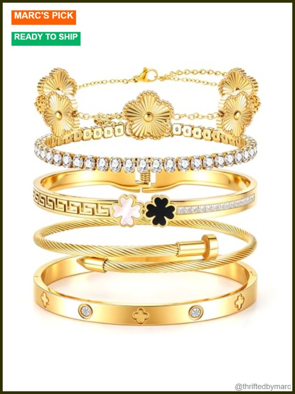 Stainless Steel Stackable Bangle Bracelets Clover Charm 5-Piece Set